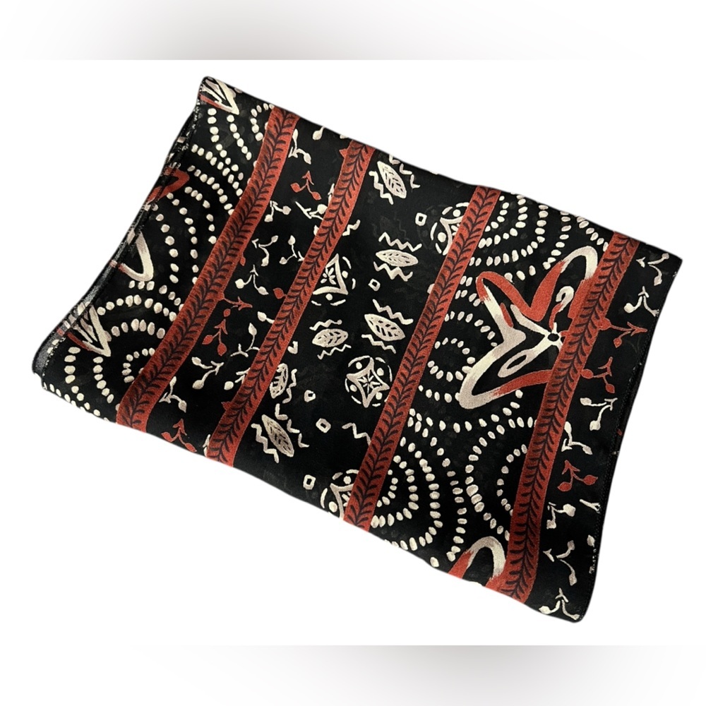 Elegant Black and Burnt Orange Patterned Scarf, approx. 10.5”x58” - Picture 9 of 10